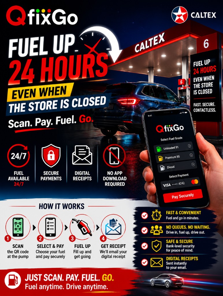 QfixGo at Caltex Wilston — fuel up 24 hours even when the store is closed. Scan, pay, fuel, go.